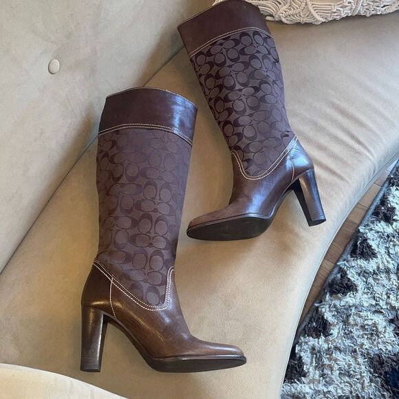 RARE Coach Yvette Tall Leather & Logo Fabric Mixed Media Boots sz 7.5 - Brown - Picture 3 of 13